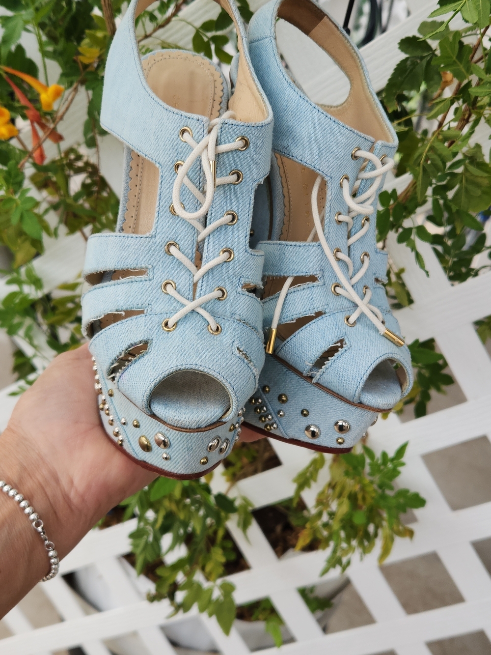 CHARLOTTE OLYMPIA Gene Studded Denim Wedge Sandals - Picture 10 of 10